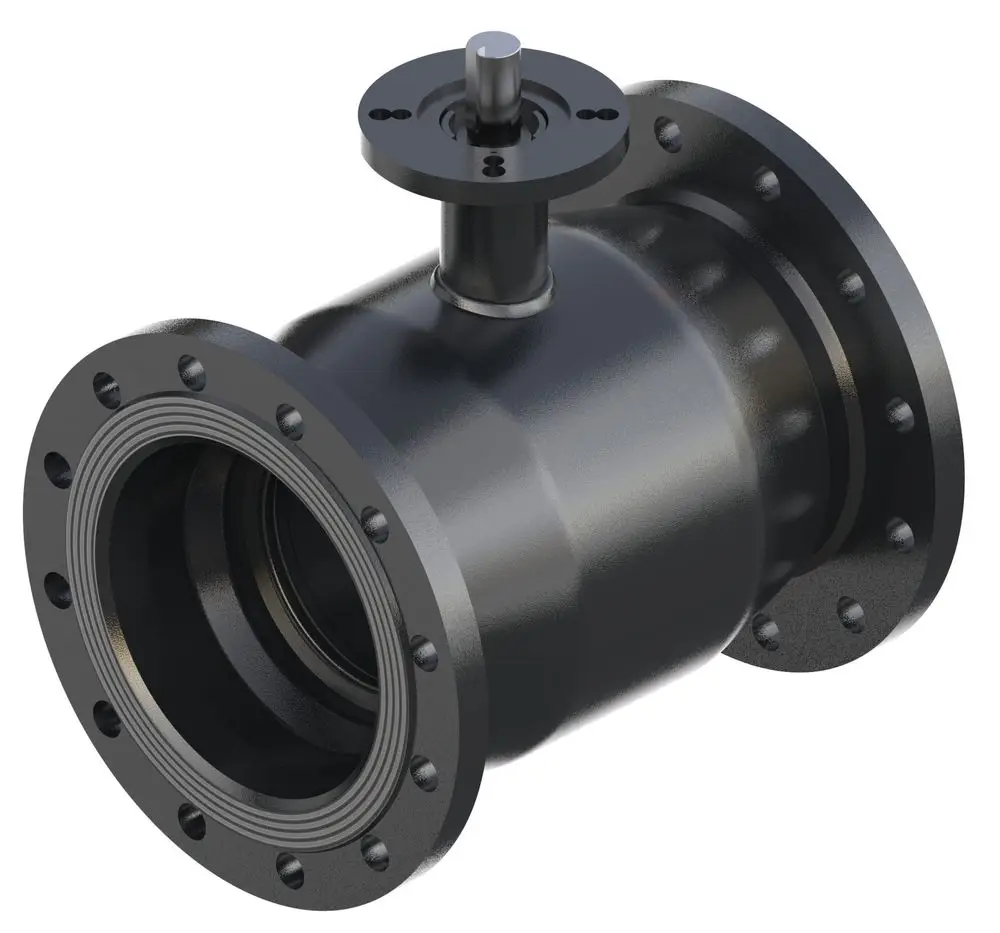 Kugelhahn mit Flanschanschlüssen von Danfoss, präsentiert in schwarzer Ausführung, zur Regelung von Durchfluss in Rohrsystemen.